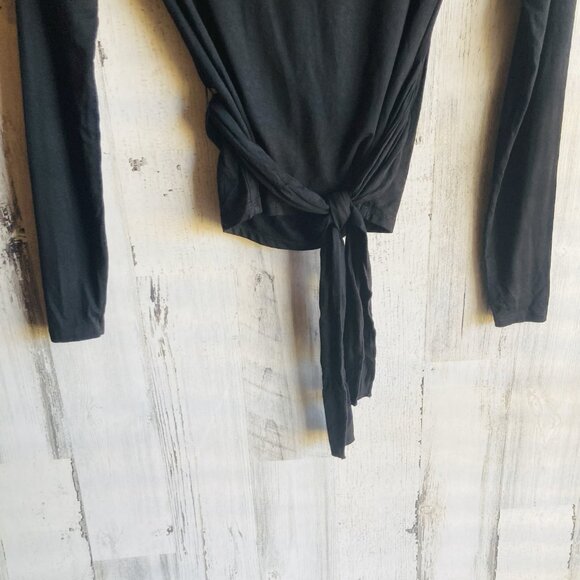 NWOT Three Dots Wrap Knit Top XS Black Tee Long Sleeve Sash Belted Jersey Knit - Picture 7 of 9